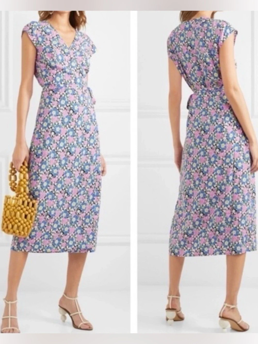 J. Crew Fabrizia Blue Pink Jersey Midi Ditsy Floral Wrap Retro Midi Dress